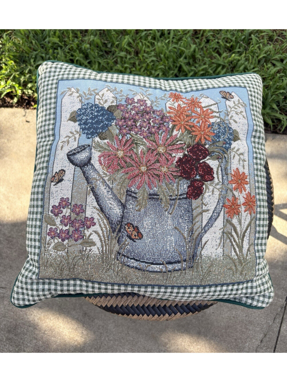 Needlepoint Watering Can Tapestry Throw Pillow 16x16 Square Green Gingham Zip